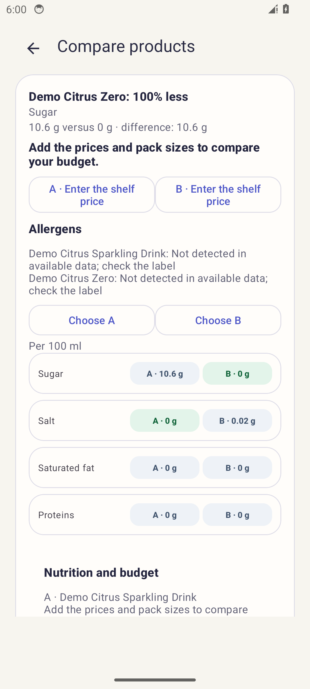 Product comparison screen