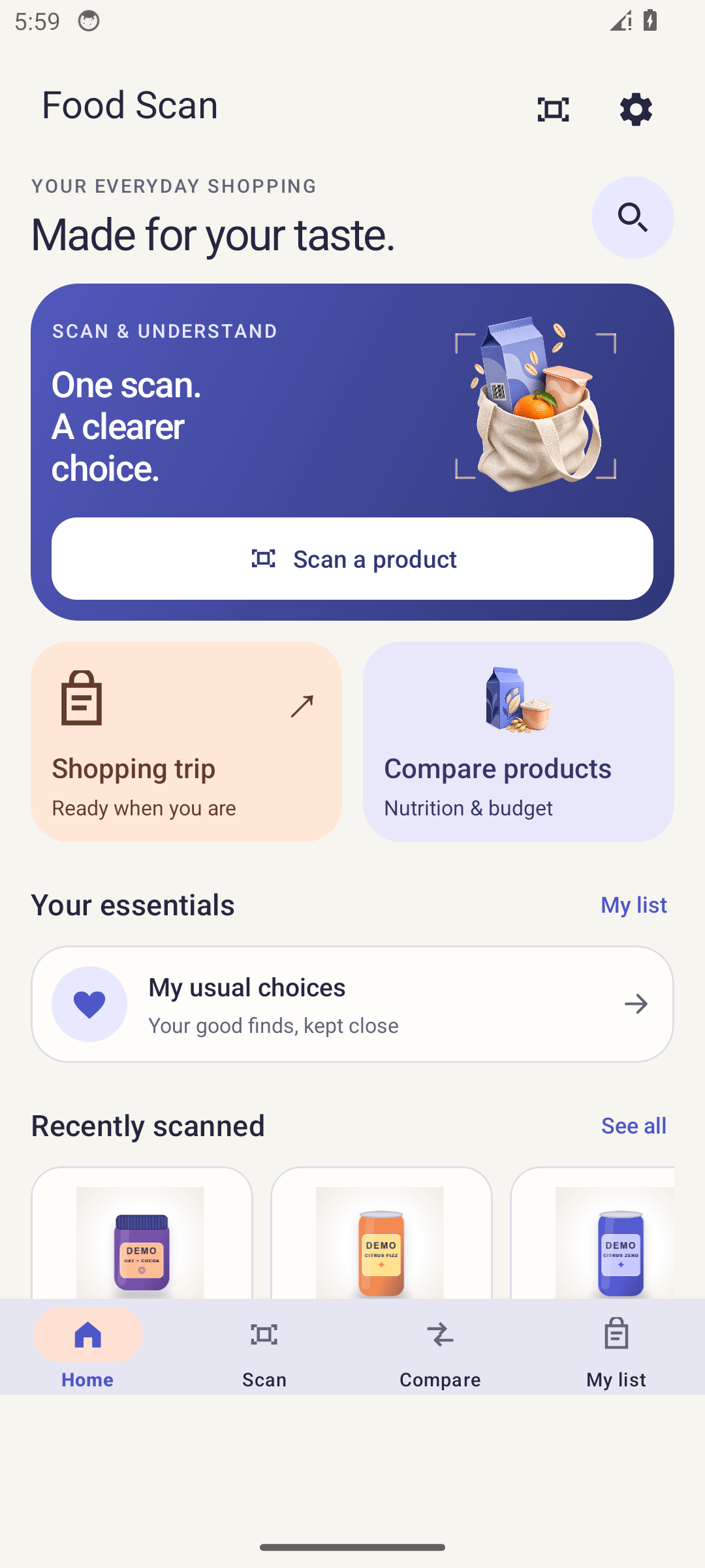 Food Scan home screen