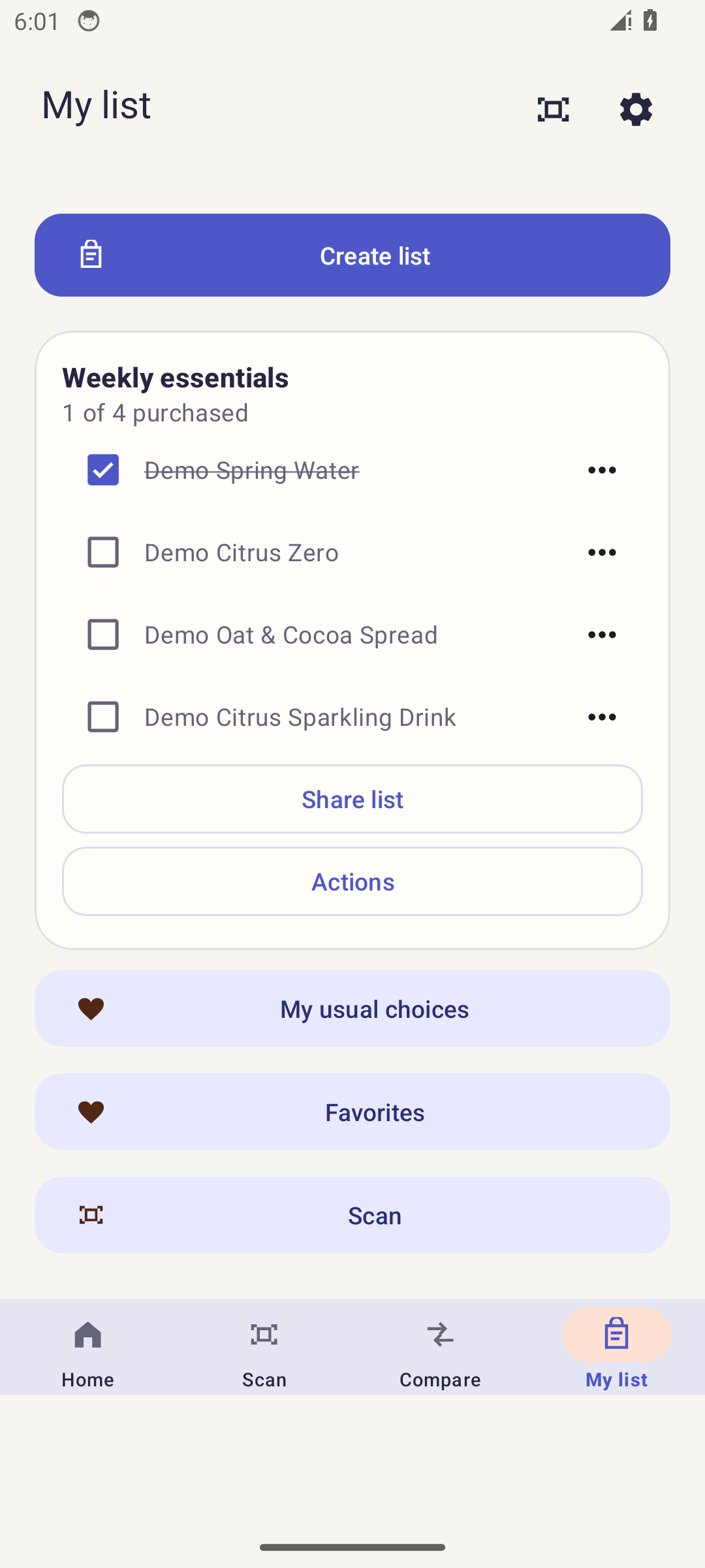 Shopping list screen