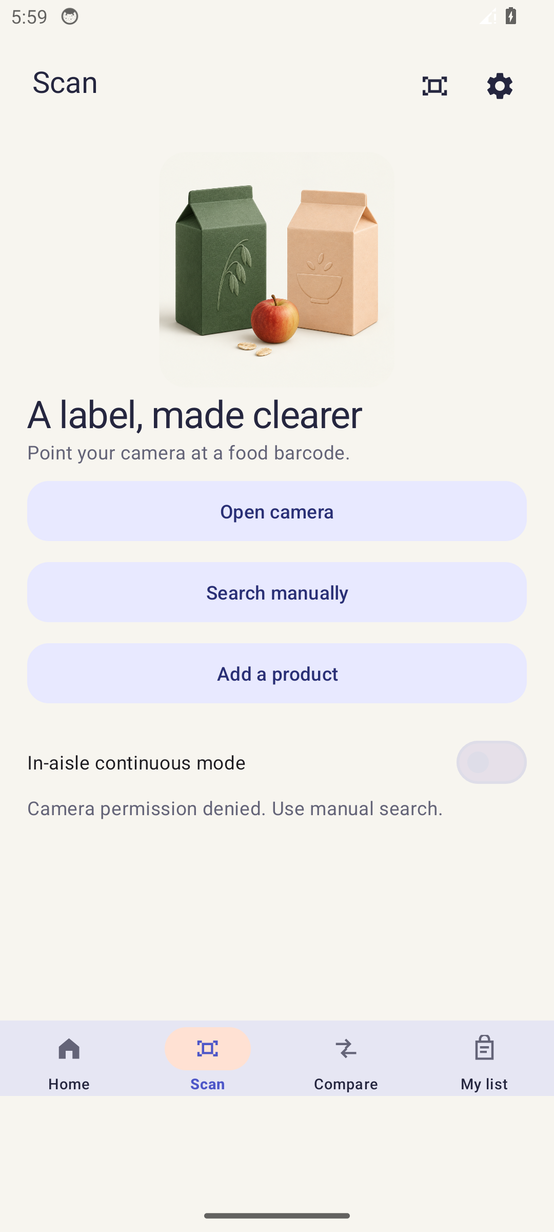 Food barcode scanner screen